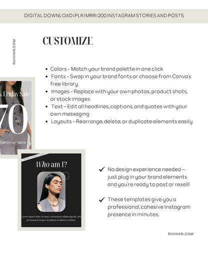 200 Instagram Post & Story Templates | PLR/MRR License | Editable Social Media Bundle